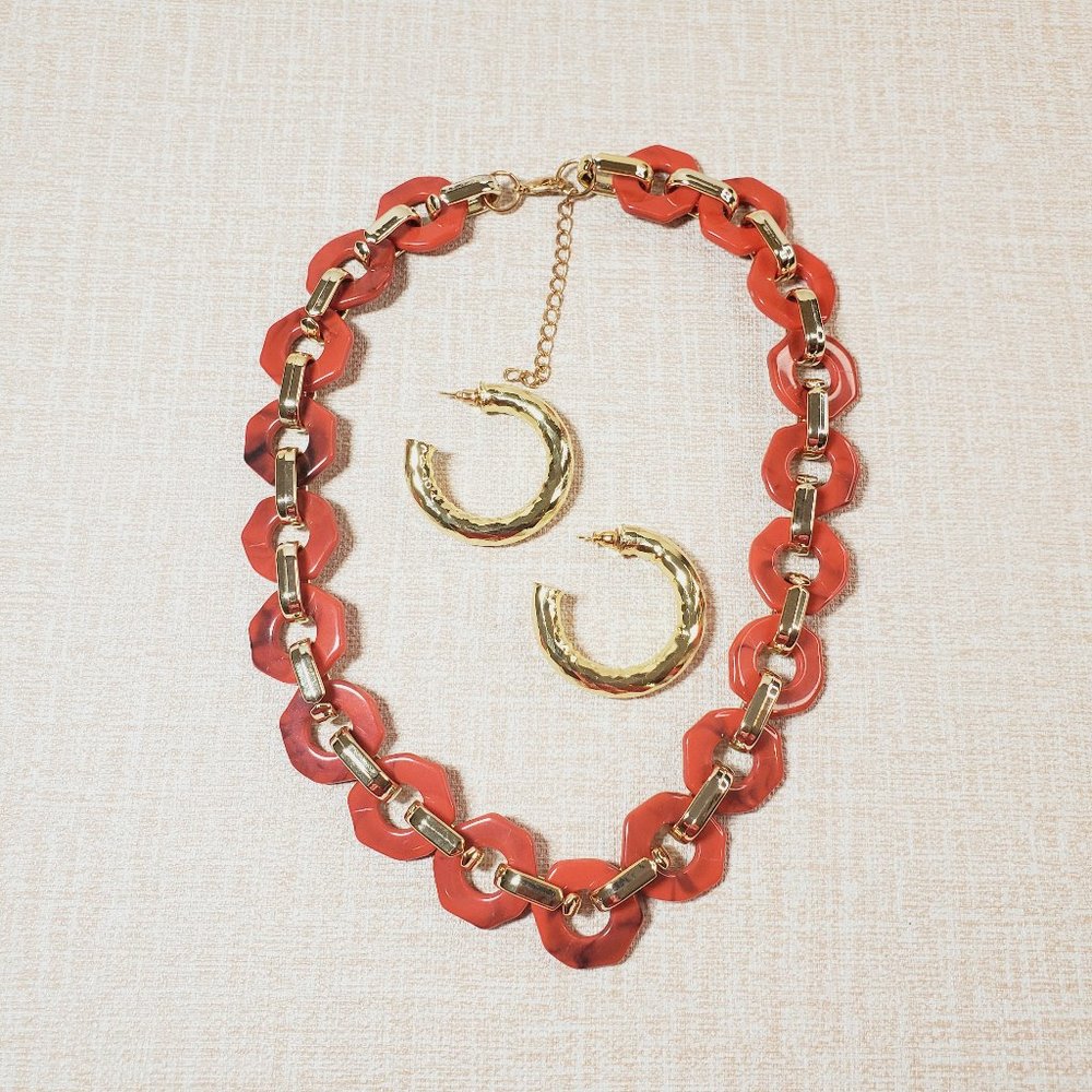Red / Gold Hexagon Statement Necklace w/ Gold Huggie Hoop Earring Set (JYS781)